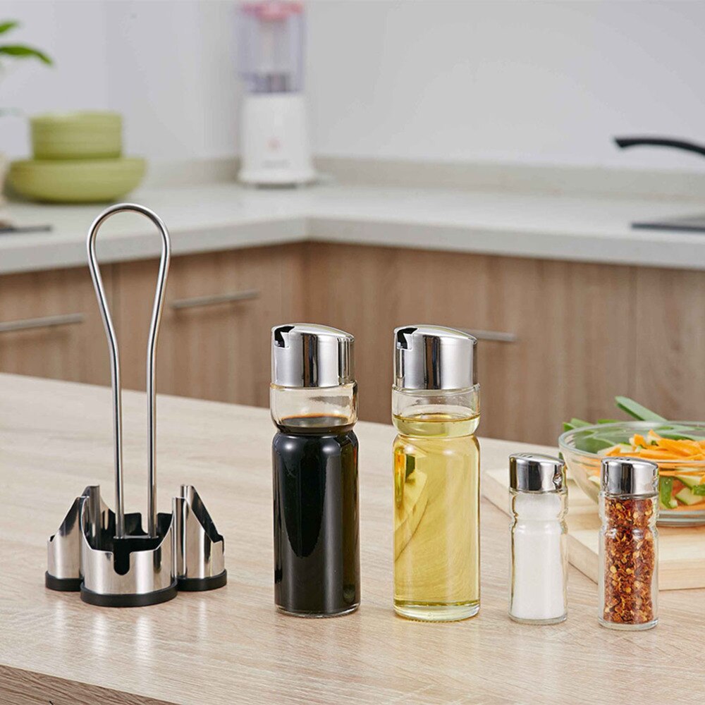 Oil and Vinegar Bottle Set 304 Stainless Steel Cap and Glass Cruet Slat/Pepper Shakers for Kitchen