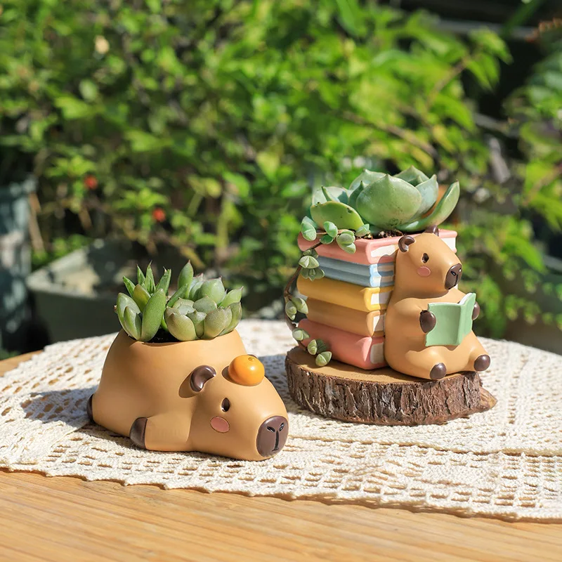 Bonito capivara pequeno vaso de plantas resina suculenta plantador para mesa escritório em casa mini ornamento jardim fadas vaso decoração