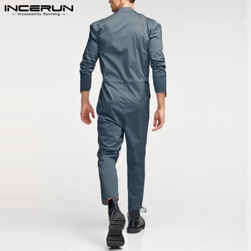 Incerun herre jumpsuits stander krave langærmede cargo smækbukser casual knap streetwear romper herre seler plus str. 7