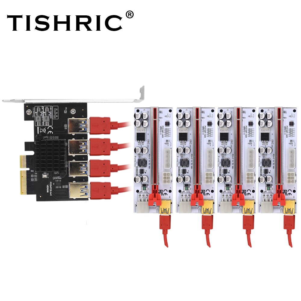 TISHRIC Mining Connectors PCIE Riser 009S/010/010X/011 PCI Express Multiplier PCIE 1 to 4 Riser Expansion Card Add on Cards: with 4pcs 010 Red