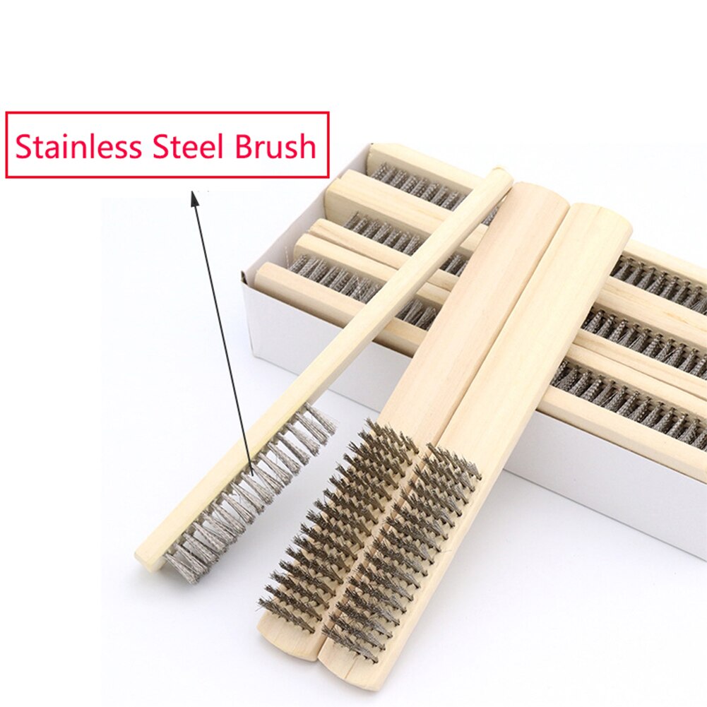 3 Pcs Stainless Steel Wire Brush W/ Wood Handle Wire Brush Rust Removal 8.07Inch For Hand Cleaning Tools