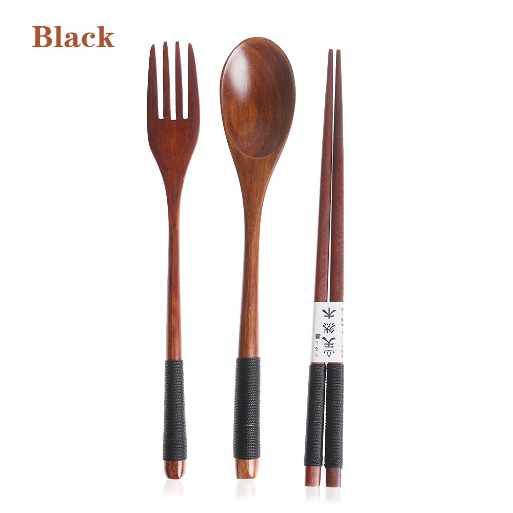 1 SET Pack Tea Scoops Desserts Fruits Serving Travel Dinnerware Suit Spoon Fork Portable Tableware Wooden Cutlery Sets Cloth Bag: Black