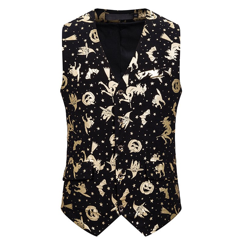 Goud Pompoen Print Halloween Vest Mannen Brand Single Breasted V-hals Vest Mannen Party Tuxedo Vesten Chalecos Para Hombre: Golden / XL