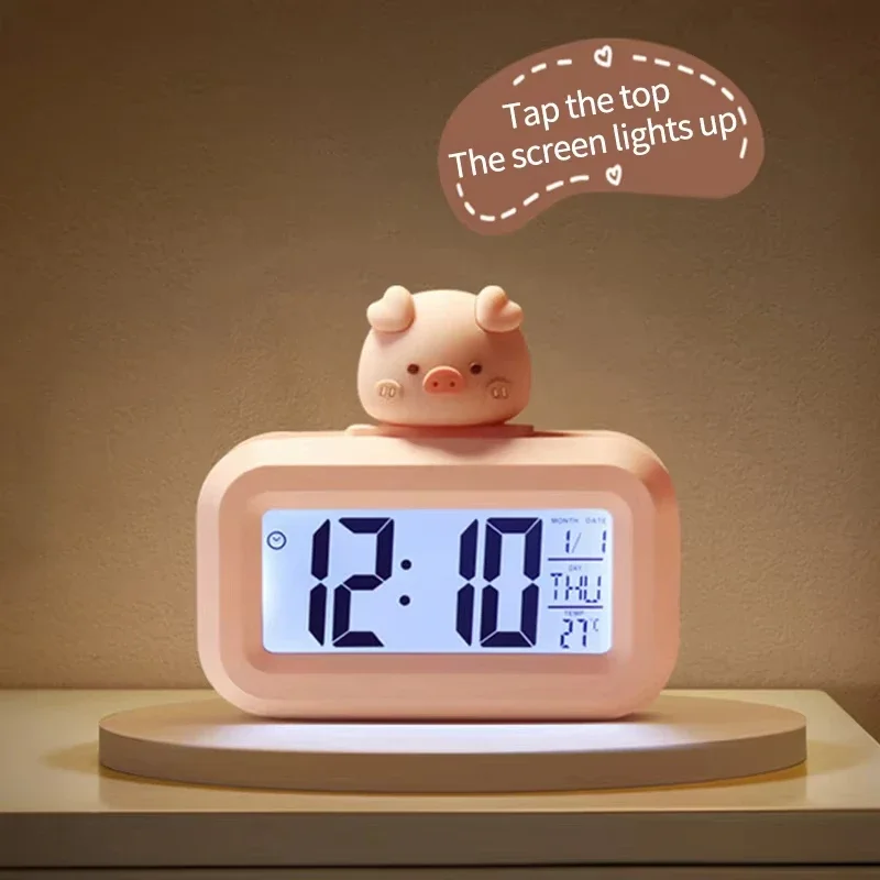 LED Digital Clock Cute Kawaii Rome Decor Cartoon Pig Alarm Clock with Night Light Room Cute Watch Bedroom Bedside Ornaments