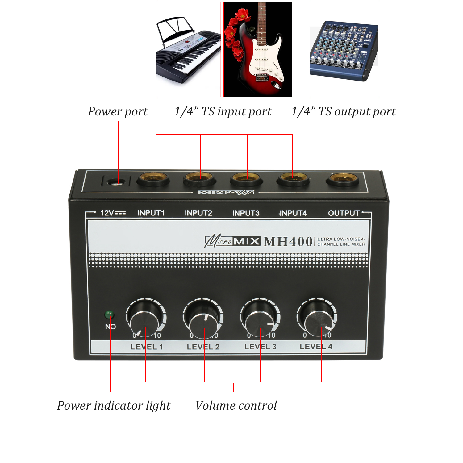 MH400 Ultra Low-Noise 4-Channel Line Mixer Mini Audio Mixer &amp; 1/4-inch TS Inputs Output Volume Control for Guitars Bass Keyboard