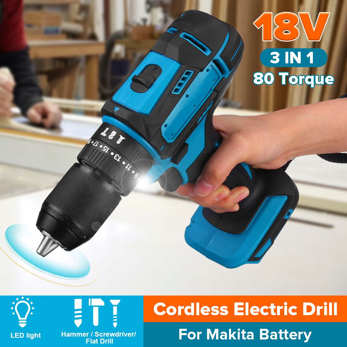 Blmiatko 3 in 1 børstet elektrisk drill 10mm 350nm 20+3 moment hammer skrutrekker batteridrevet slagbormaskin for makita batteri