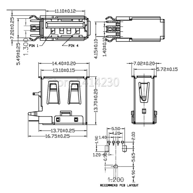 Connecteur USB Type A femelle à souder, aiguille latérale, 4 broches, 90 degrés, Interface de données, longueur 14mm, 10 pièces