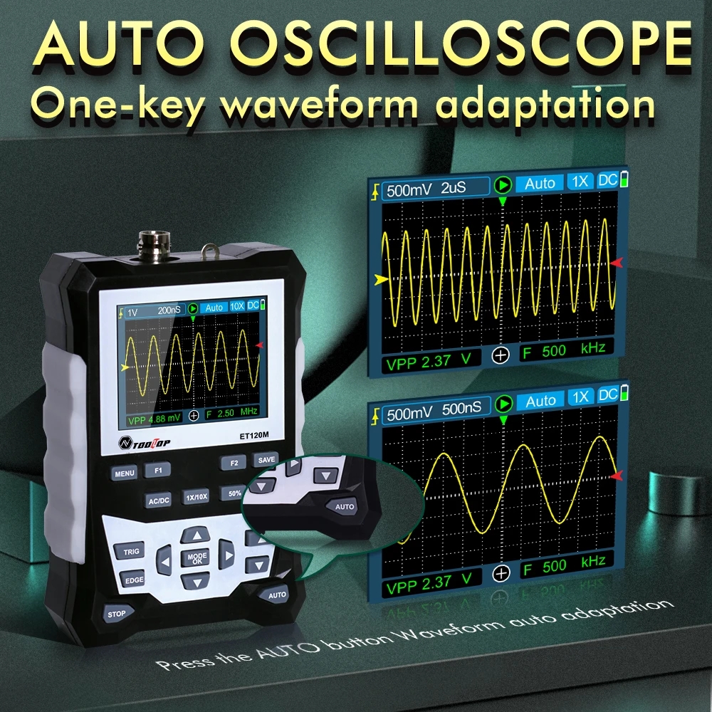 TOOLTOP ET120M 500 MS/s 120MHz osciloscopio Digital reparación eléctrica de laboratorio osciloscopio portátil de mano automático
