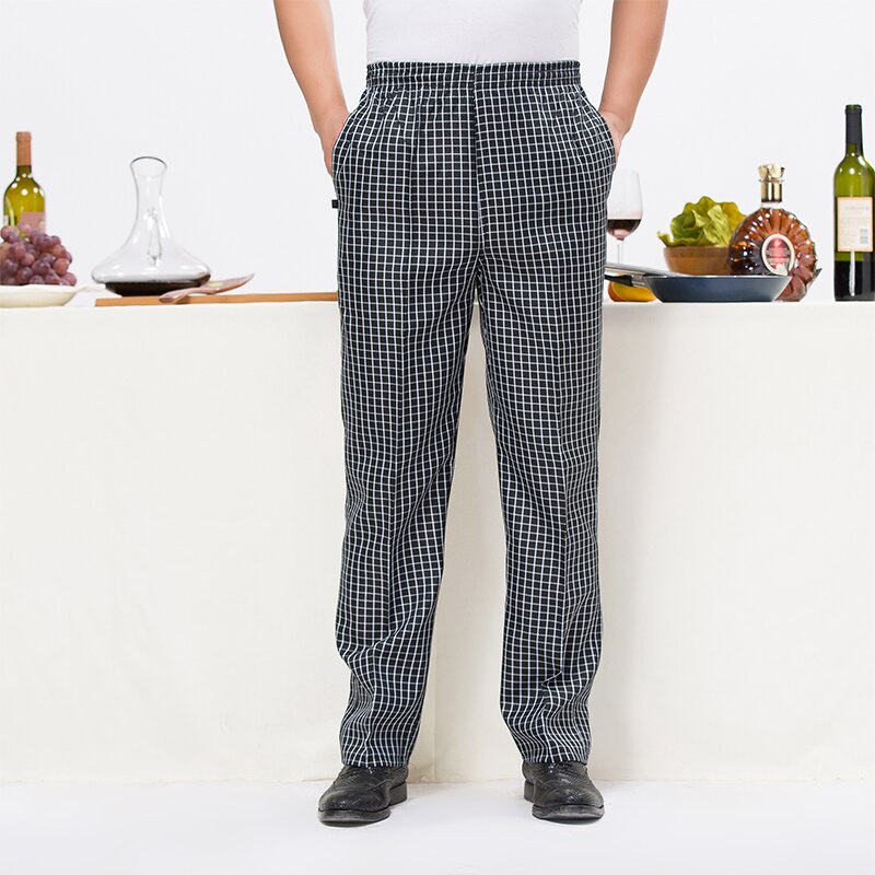 mannen Casual Plaid Elastische Riem Broek Hotel Food Service Westerse Restaurant Chef Broek Cafe Ober Werk Broek & zakken: Black / XXXL