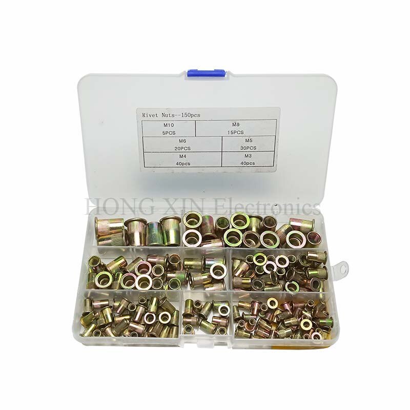 150 Stks/set M3 M4 M5 M6 M8 M10 Verzinkt Gekartelde Noten Rivnut Platte Kop Schroefdraad Klinknagel Insert Nutsert Cap klinknagel Moer Assortiment