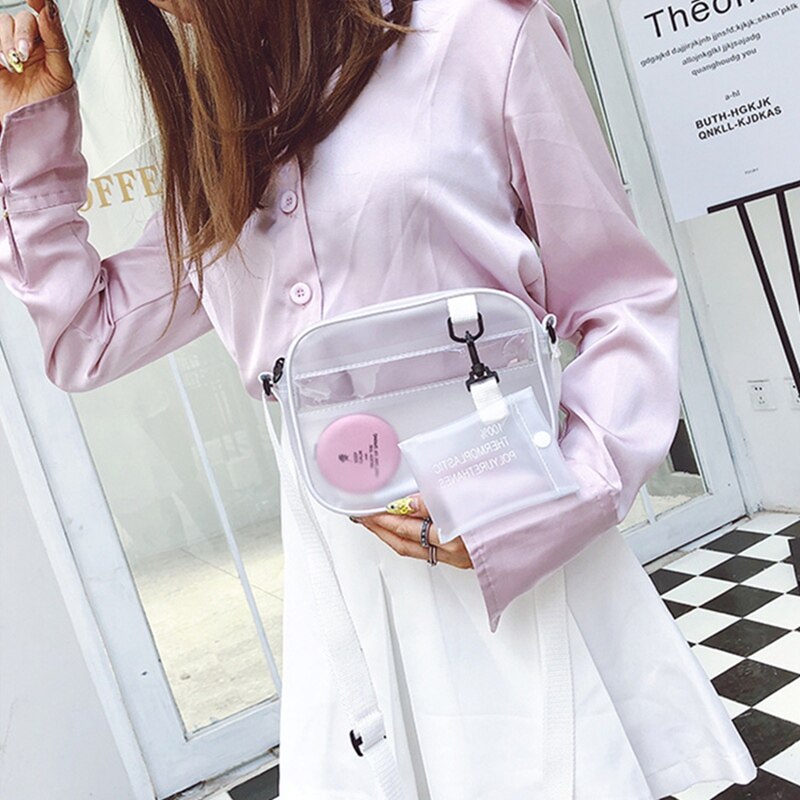Casual PVC Transparent Shoulder Bag Clear Woman Cross-body Bags Jelly Small Phone Bags With Card Holder Wide Straps Flap