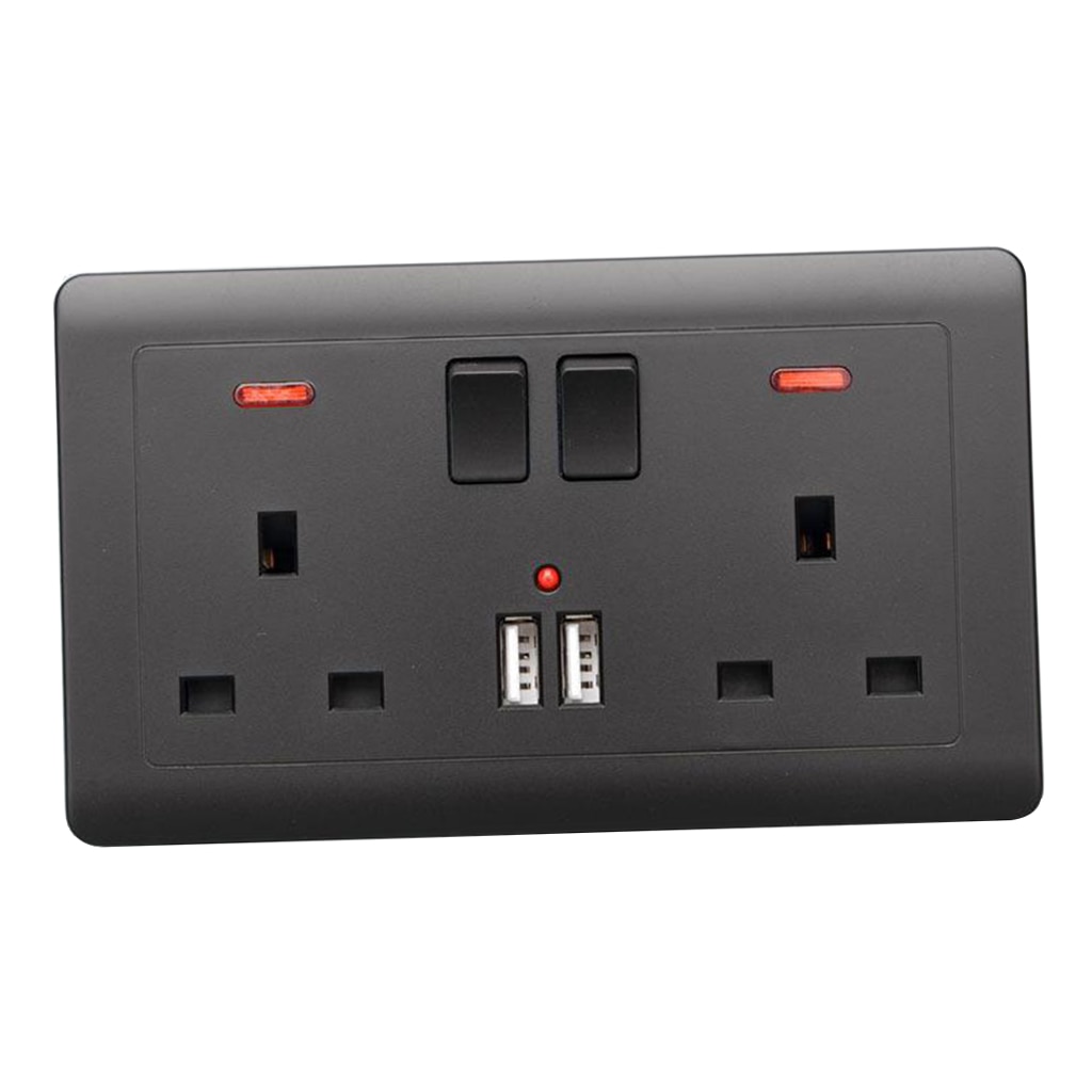 Double Wall UK Plug Socket 2 Gang 13A 2 USB Charger Port Plate Black