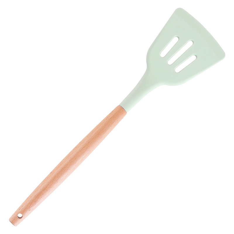 Green Silicone Utensils Kitchen Utensil Set with Multifunction Wooden Handle, Non-Stick Spatula, Ladle, Egg Shovel: 1Pc Leak Shovel