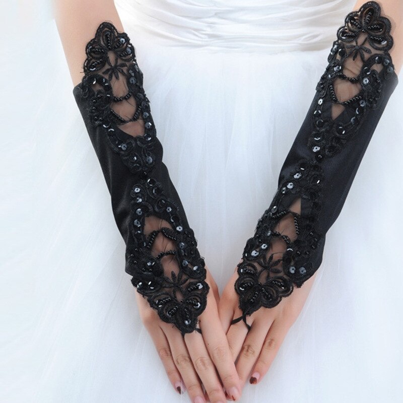 Gants de mariage pour mariée perle multicolore satin sans doigts mariée gants de mariage coude spot applique mariage perlé: Black