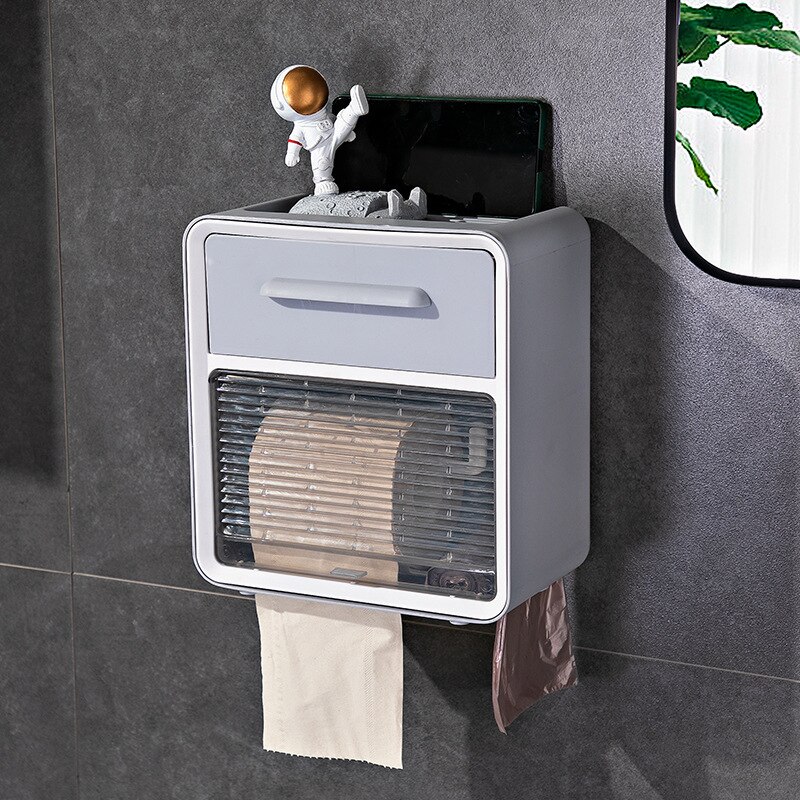 Multifunctional Tissue Storage Box Punch-free Waterproof Toilet Roll Paper Rack Wall-mounted Toilet Paper Drawer Box: Grey L