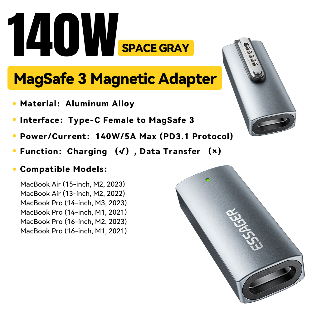 Essager 140W Adapter magnetyczny typu C do Apple Magsafe 3 MacBook Air Pro 2021-2023 Kąt 90 stopni Konwerter szybkiego ładowania USB C: Default Title