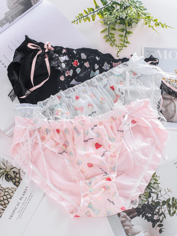 Japanese Lolita Women Sweet Panties candy Print Cute Bowknot Lace Breathable Underwear romantic Teen Girls Kawaii 3 Color Briefs