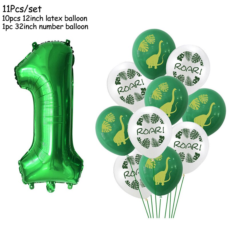 11Pcs Green Foil Number Balloons Dinosaur Latex Balloon Kids Jungle Theme Birthday Safari Forest Party Decorations Baby Shower: Number1 set