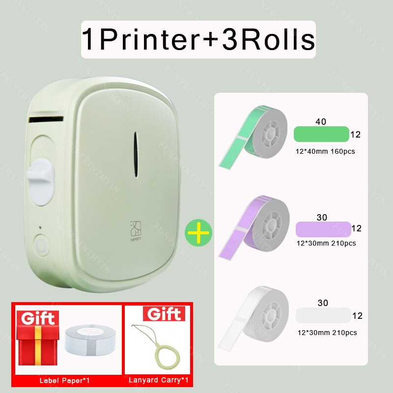 HPRT Q2 Thermal Label Printer Portable Pocket Label Maker Mobile Phone Home Office Use Mini Printing Machine No Ink For Home: Green Printer 3Roll