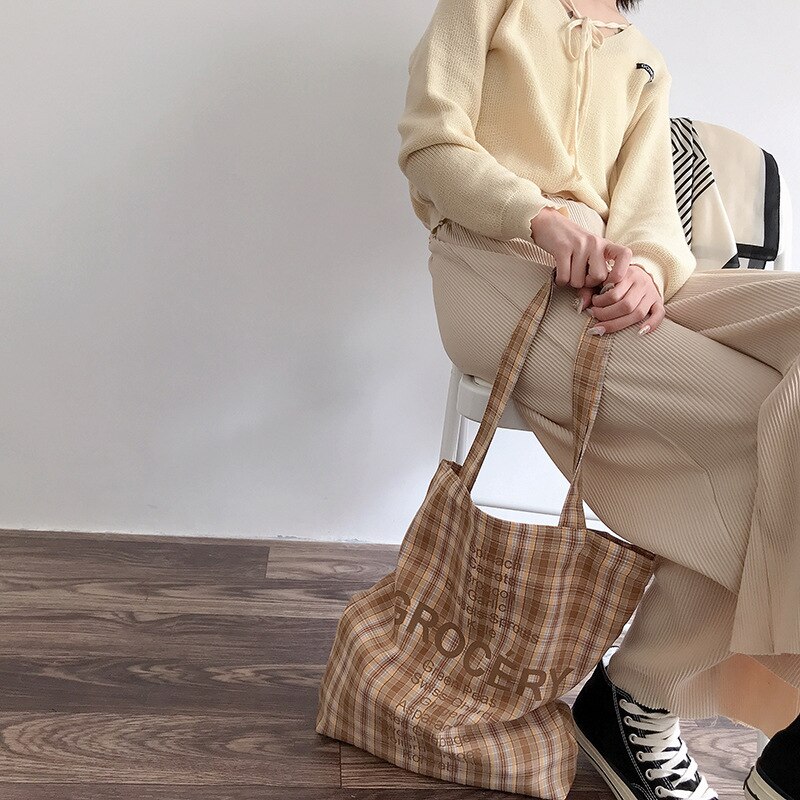 Süße, bonbonfarbene damen-einkaufstasche aus Segeltuch, große kapazität, schultertasche für studentinnen, retro-karo-damen-freizeittasche