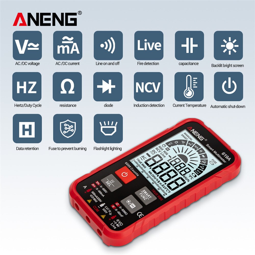 Aneng 619a true rms 6000 counts analog bar multimetro ncv meter digital multimeter ac/dc strömmar spänningsprovare