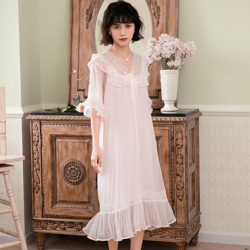 Camisón Vintage para mujer, vestido de noche romántico de princesa de encaje de malla de hadas, ropa de dormir victoriana larga, camisón de verano: Rosa / S