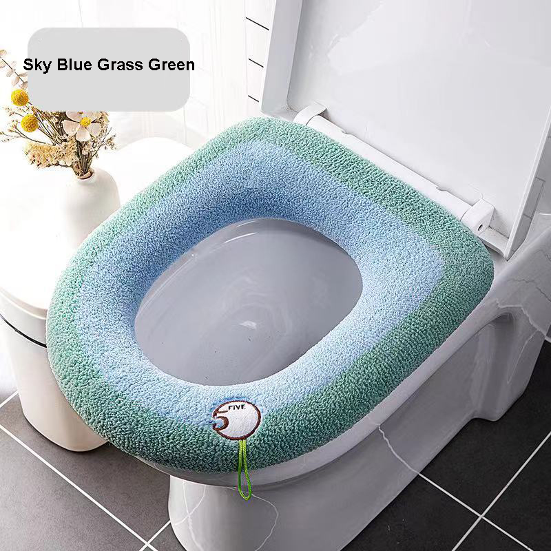 Vinter dårlig toalettsete med håndtak nærkrakk vaskbar myk varmematte pute pute universell toalettsete bidettrekk: Himmelblått gressgrønt