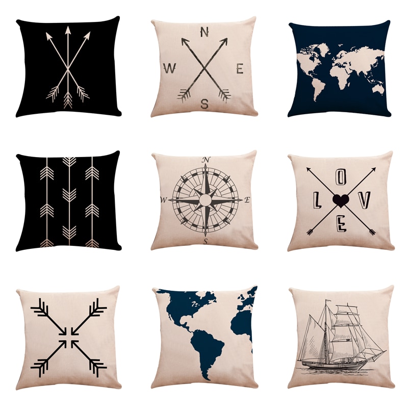 1pc 45 x 45cm zeeblauw kompas kaart bedrukt ankerpatroon zeeschip kussensloop decoratieve kussensloop