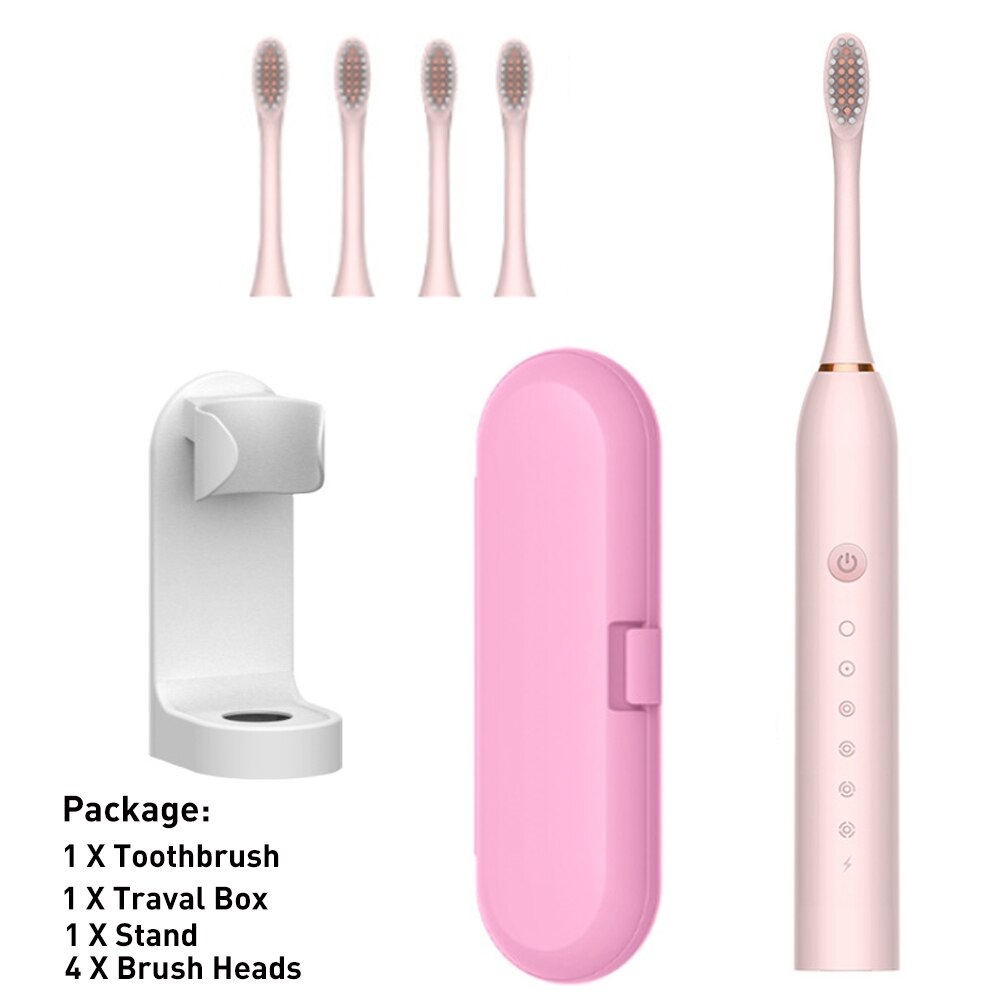 Rechargeable Sonic Electric Toothbrush Adult Timer Brush 42000 time/min Ultrasonic Washable Electronic Whitening Teeth Brush: Pink A Sets