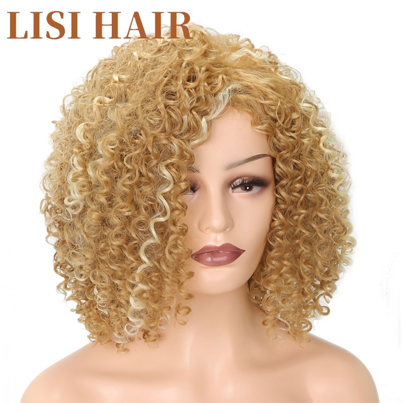 LISI pelucas de pelo corto rizado blanco mezcla de Color rubio para mujeres pelo sintético de fibra de alta temperatura tamaño medio