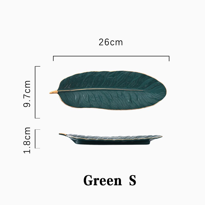 Leaf Ceramic Gold Inlay Cosmetics Jewelry Storage Tray Cake Candy Dessert Plate Key Watch Place Feather Plates Decorative Plate: green S