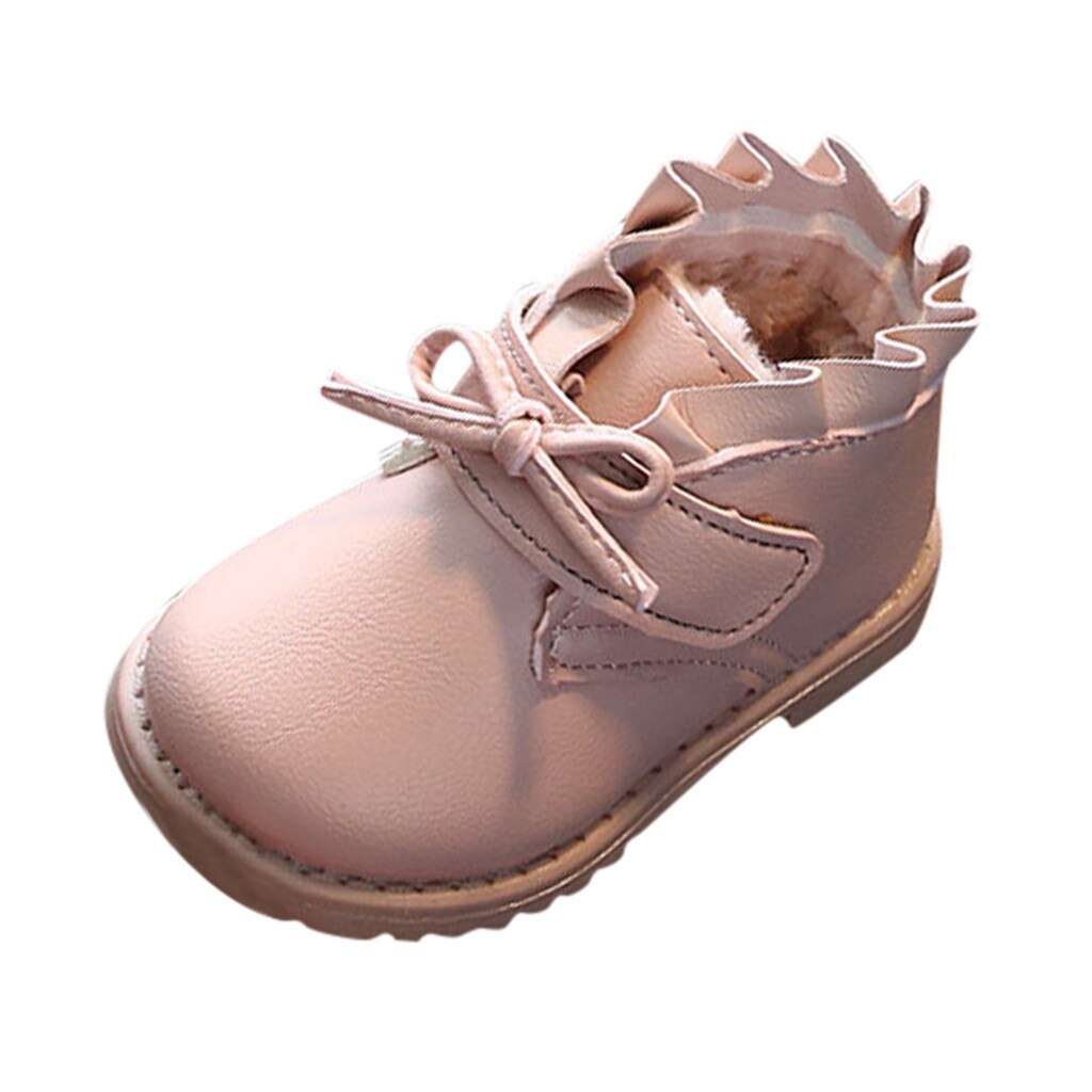 Botas de neve para meninas, botas de couro com babado, laço, cores sólidas, quentes, espessamento, para o inverno, botas de princesas: Pink / 8,5