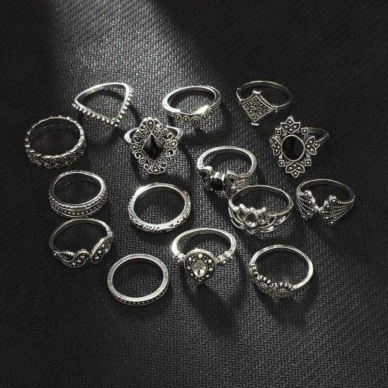 15 Teile/satz Böhmischen retro Ringe einstellen Für Frauen Kristall Blume Blätter Hohl Lotus Edelstein Knöchel Ring Hochzeit Schmuck