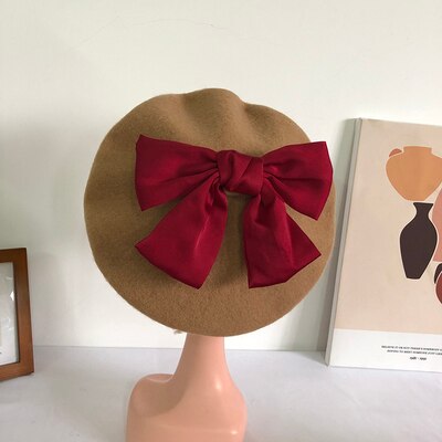 Béret en laine avec nœud papillon pour femme, chapeau avec motif de biscuits, de couleur unie, idéal pour l&#39;automne et l&#39;hiver: 012