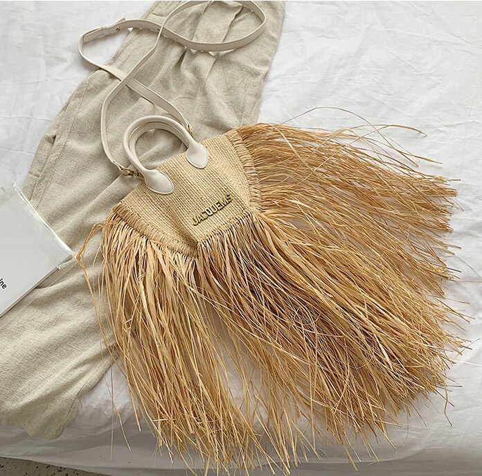 Sac à main en osier tissé pour femmes, sacs en paille avec pompon, lettres de styliste, à bandoulière, pour la plage, Bali: WHITE