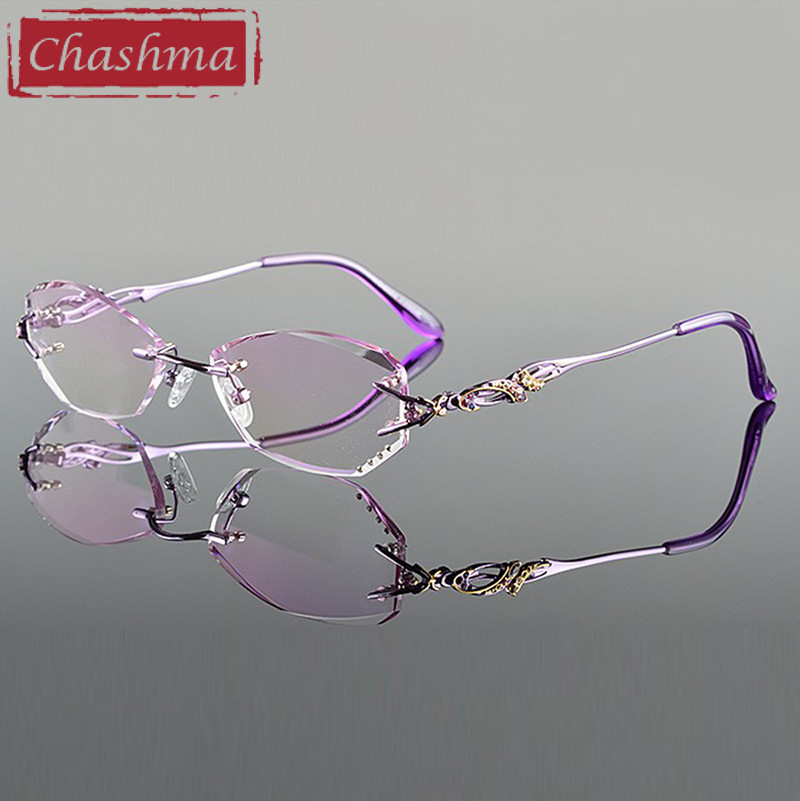 Chashma Luxury Tint Lenses Myopia Glasses Reading Glasses Diamond Cutting Rimless Prescription Glasses for Women: Purple 