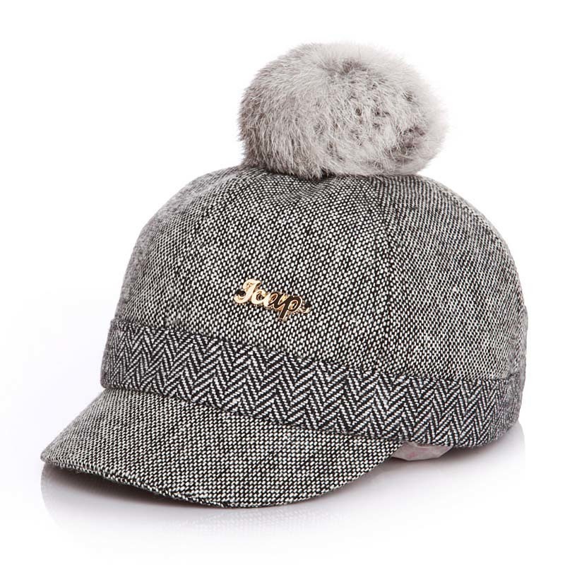 Warm Children Winter Baseball Cap Rabbit Hair Ball Sports Golf Hat Kid Winter Pompon Equestrian Cap For Girl Boy: grey / 52cm 2 to 6 year