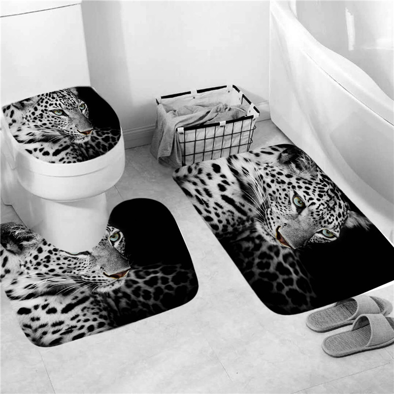 Ensemble de rideau de douche avec tapis, motif animaux, tigre, Lion, imperméable, écran de bain, antidérapant, couvercle de toilette, décor de salle de bain: 3 PCS Mats - C