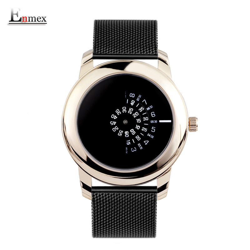 Enmex creatieve stijl cool horloge gloden Lichtgevende handen met roestvrij stalen band Stijlvolle klok quartz horloge