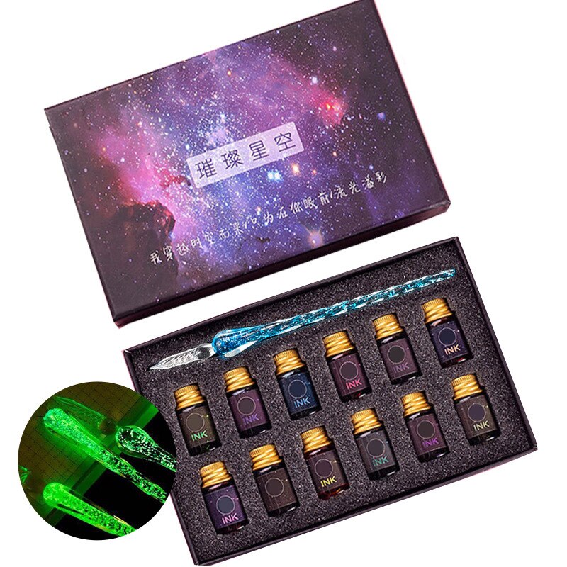 Pluma de goteo de vidrio luminoso de buena salud, pluma estilográfica de cristal Vintage, pluma de inmersión de vidrio, de conjunto de plumas, pluma de cristal con firma: Blue