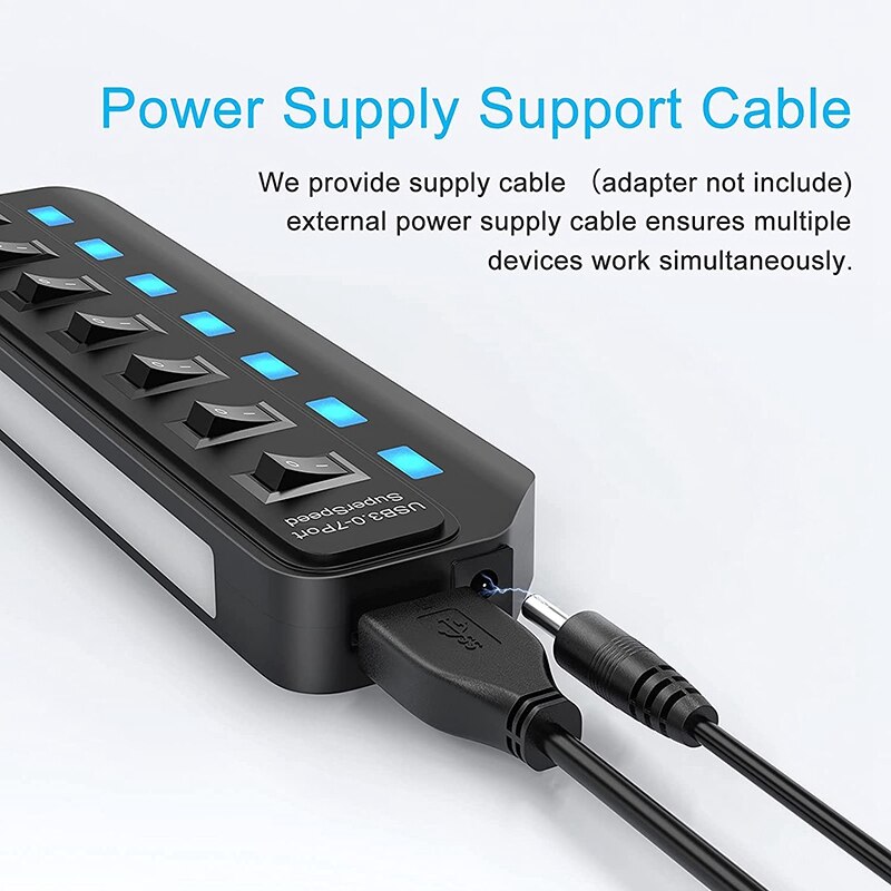 USB 3.0 Hub,7 Port USB Hub Splitter With LED Individual Power Switches 5Gbps High Speed Data USB Extension For Laptop