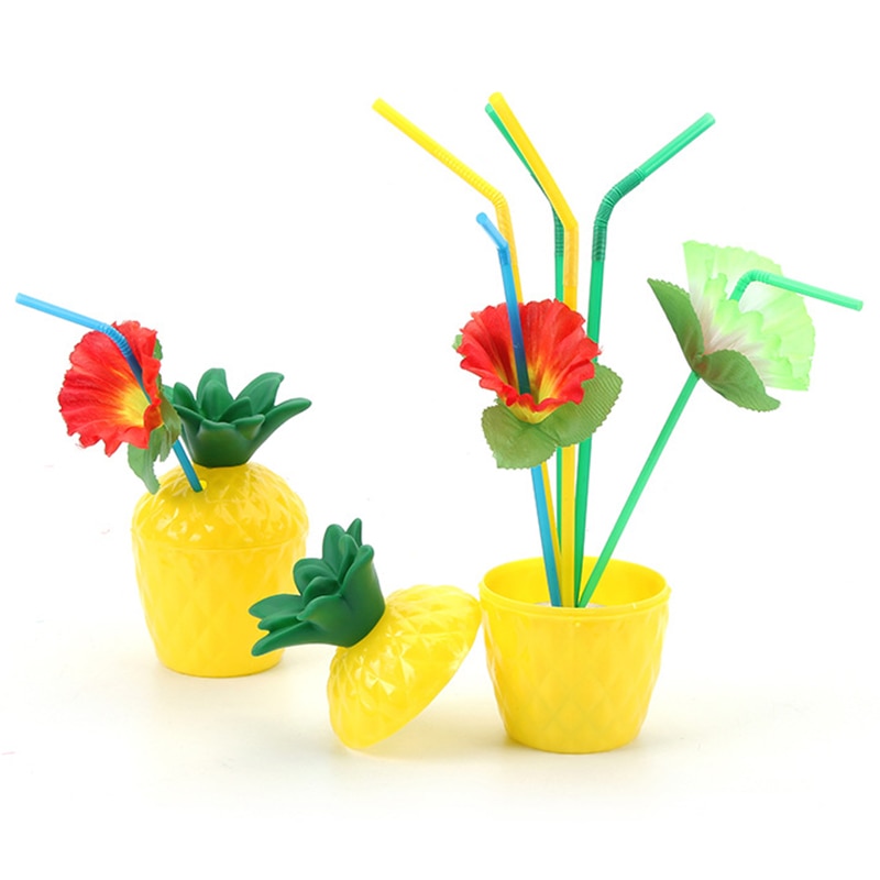 12 pièces/lot ananas noix de coco tasses fruits forme jus fête tasses à boire avec des pailles de fleurs pour hawaïen Luau été plage fête