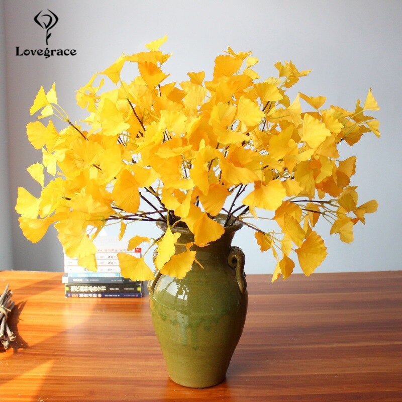 Lovegrace konstgjord växt ginkgo blad 3 gafflar jungfruhår träd handgjord grön växt diy bukett blomsterarrangemang ginkgo biloba