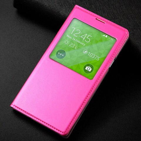 Cubierta del teléfono de cuero caso de Vista inteligente para Samsung Galaxy S5 SV S 5 G900A G900I G900F G900 G900H G900FD SM-G900F SM-G900H caso: Rose red
