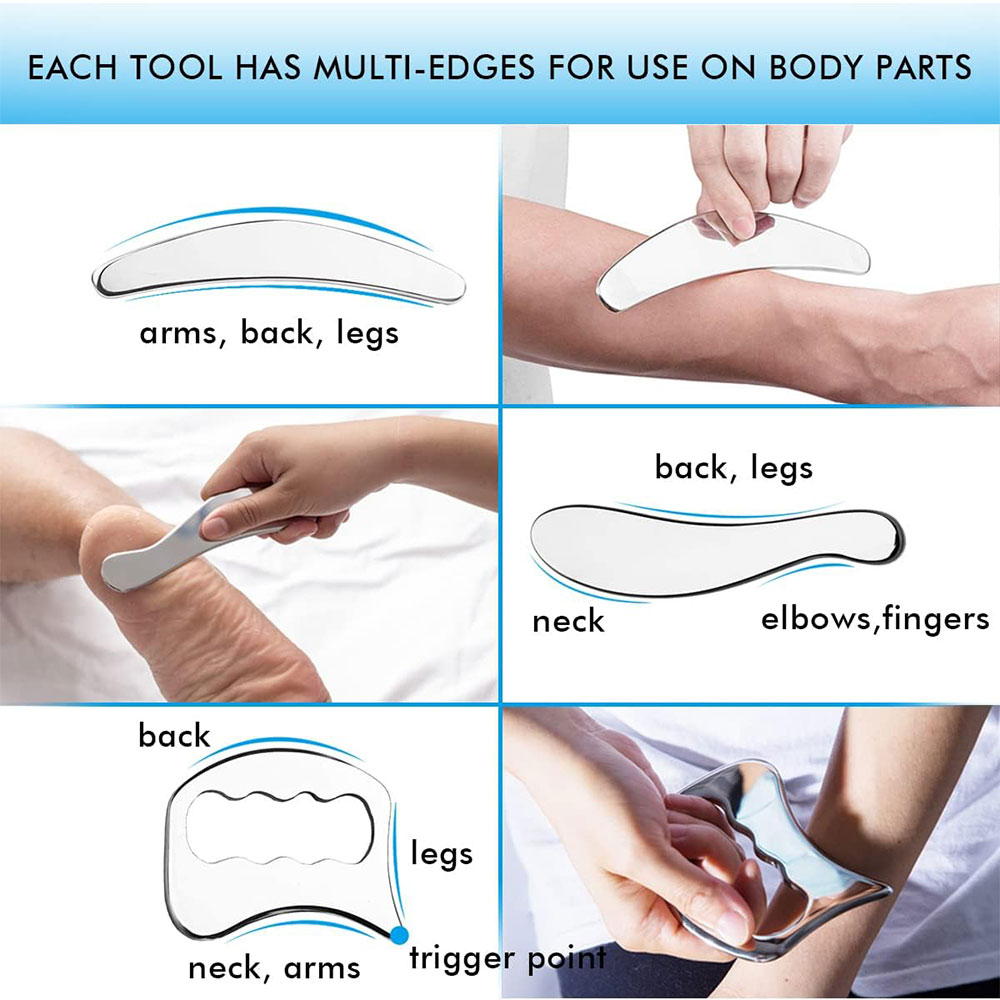 Juego de herramientas de masaje para raspar Gua Sha de acero inoxidable, para espalda, piernas, brazos, cuello, hombros y todo el cuerpo, 1/4/7 Uds.