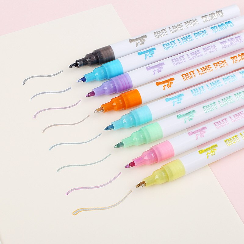 12 Magic Double Lines Art Markers Pen Out Line Pen Fine Liner Marker Fineliner Calligraphy Lettering Pen Color Scrapbooking Pens: 8 color 0.7mm tip
