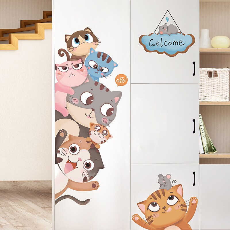 Cartoon Katten Muurstickers Vinyl Diy Dieren Mural Decals Voor Kinderen Kamers Baby Slaapkamer Kinderen Nursery Deur Woondecoratie