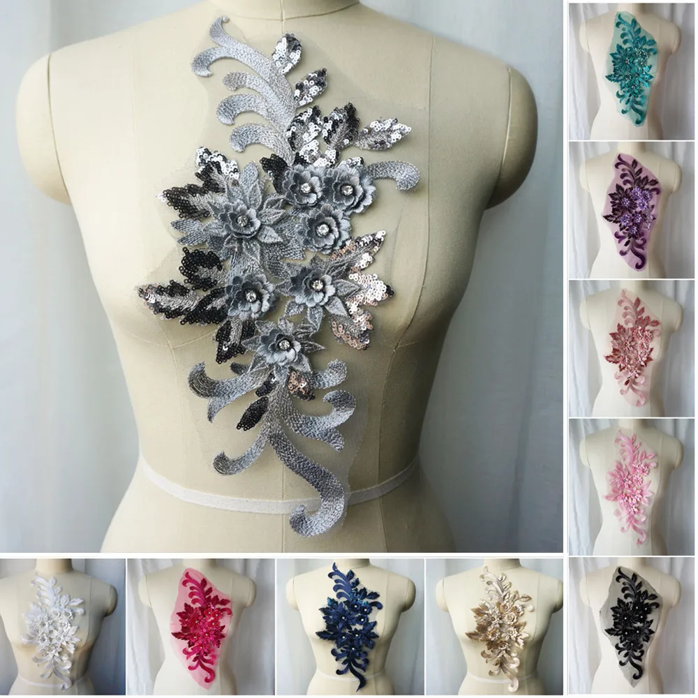 Goud Zilver Blauw Rood Kant Stof Pailletten 3d Bloemen Strass Trouwjurk Appliques Borduurwerk Naai Patch Voor Jurk Diy Decor
