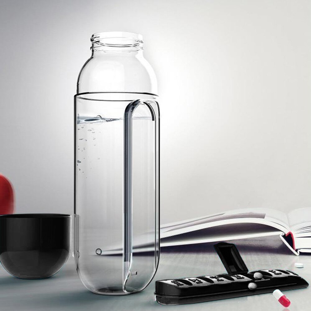 Tragbare 600ML Wasser Glas Flasche Pille Kasten 2 in 1 draussen Bequeme Reise Wasser Flasche Medizin Tasse Tablette Kunststoff flaschen