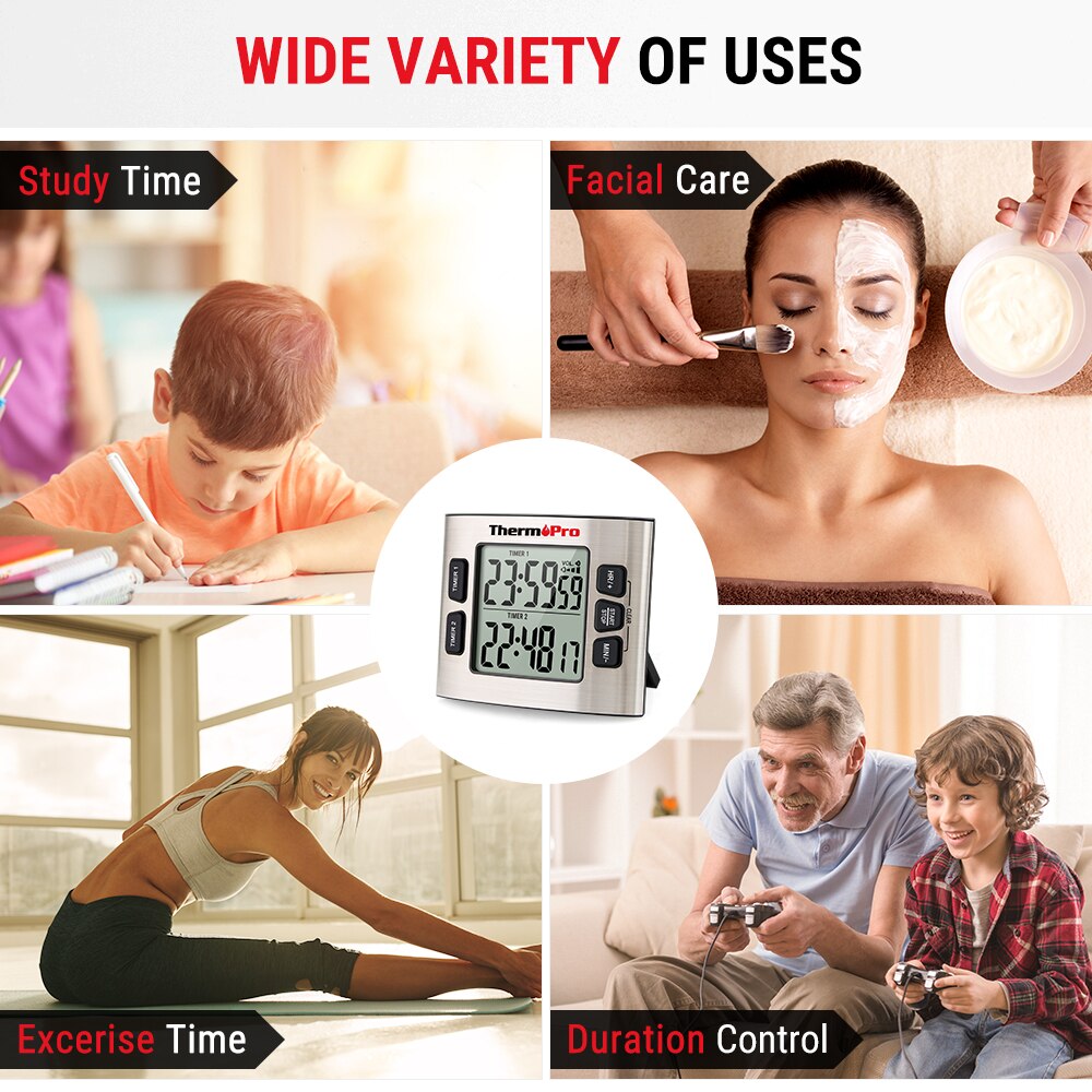 ThermoPro TM02 Backlight Kitchen Timer Countdown Countup Dual Digital Timer for Cooking Shower Study With Alarm Clock And Date